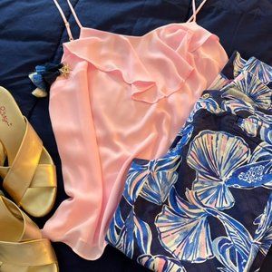 Lilly Pulitzer Karmen Cami. Cute pink top with V neck ruffle. Adjustable staps.